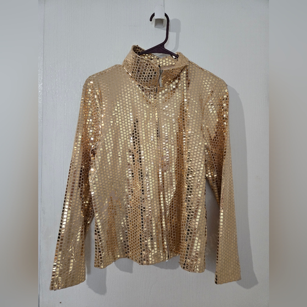 PM Lisa International Gold Sequin Zip Up Collared Shirt. Some Squares Missing.